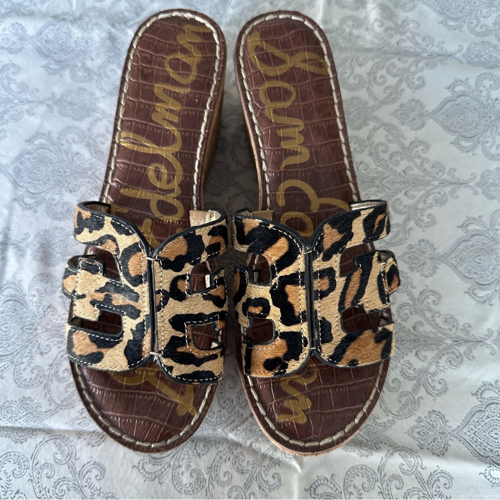 Sam Edelman Leopard Print Calf-Hair Wedge Slide Sandals Sz 8